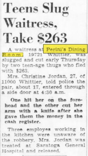 Perinis Dining Room - Apr 29 1960 Robbery